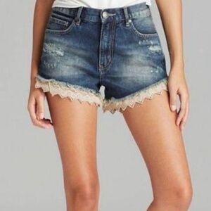 Free People Crochet Lace Trim Cutoff Denim Jean Festival Boho Shorts size 30